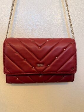 DKNY Quilted Red Crossbody with Gold Chain and Studs